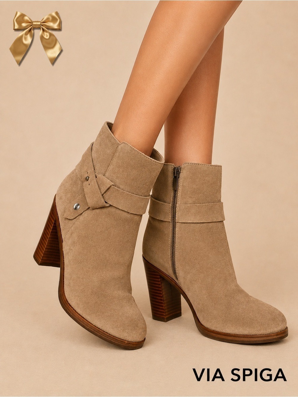 Via Spiga Suede Ankle Booties Taupe Stacked Heel Boots 8